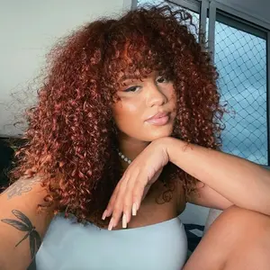 Glueless Short Curly Bob Wig Human Hair with Bangs Reddish Brown Wear and Go Afro Curly Bob Human Hair Wig for Woman 180% Density Machine Made Non Lace Bob Wig