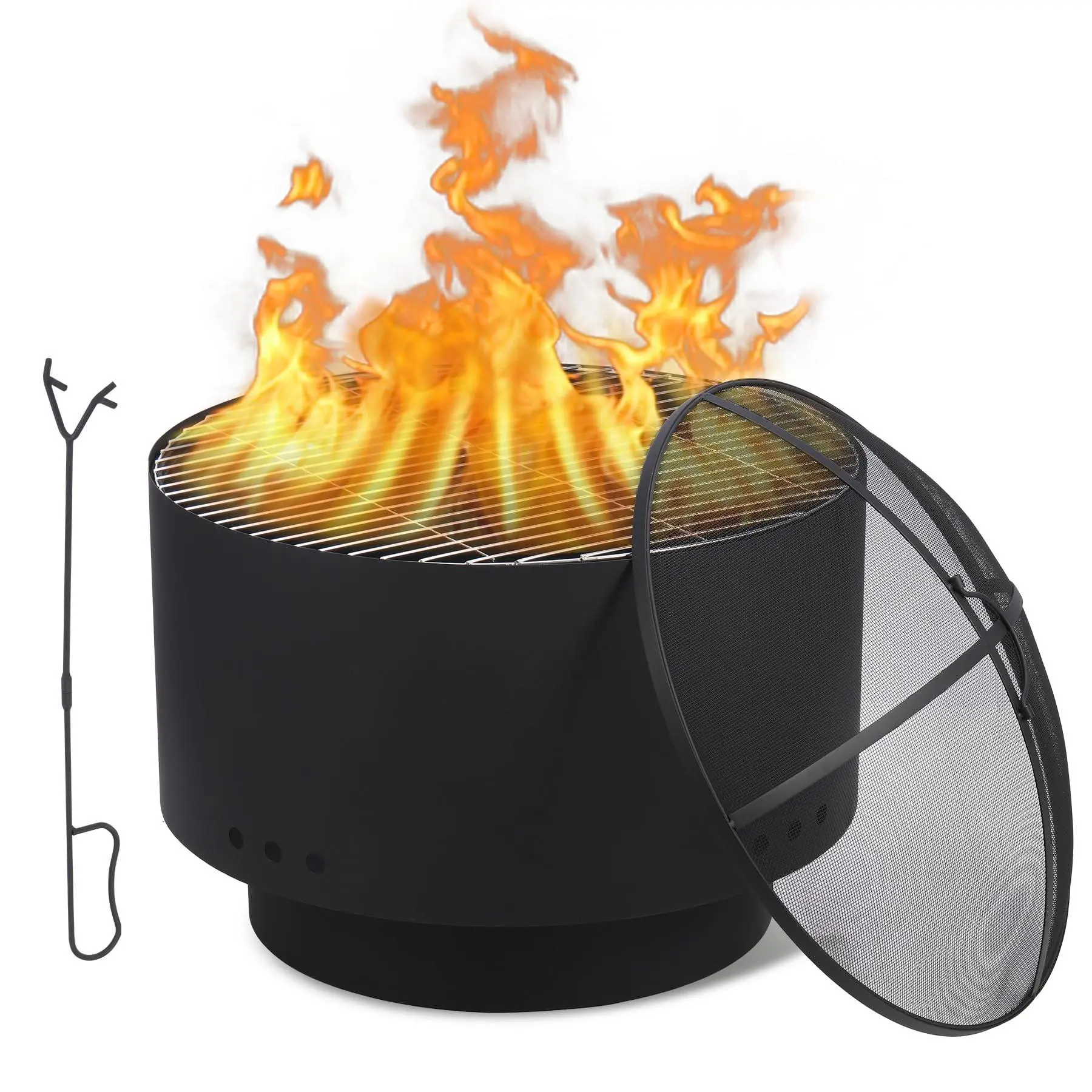 26 inch Fire Pit, Outdoor Smokeless Fire Pits for Wood Burning, Mesh Lid, Cooking Grate, Cover, Portable Patio Bonfire Pit for Outside BBQ, Yard, Garden, Camping