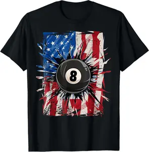 100% Cotton Pool Snooker Billiards Player 8 Ball USA American Flag T-Shirt