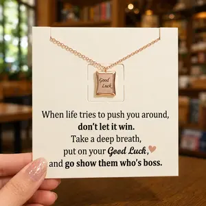 Good Luck Inspirational Necklace, 18K Gold Plated Waterproof Square Pendant with Encouragement Message Card, Unisex Lucky Charm Jewelry Gift for Him Her Friends