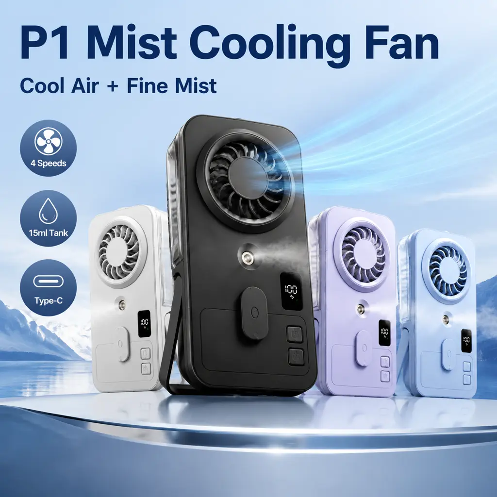 P1 Pocket-Slim Handheld Mist Fan, Rechargeable Portable Cooling Fan with Fine Mist Spray, 4 Speeds, LED Display, Foldable Desk Stand, Type-C Travel Fan, 1200mAh
