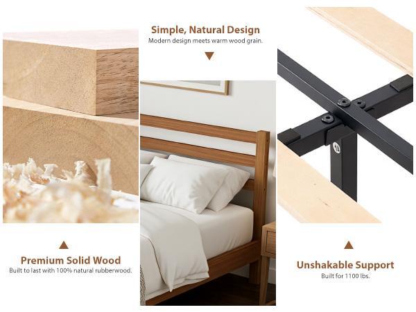 Wood Bed Frame with Headboard - Walnut Finish, Solid Wood Slat Support System, No Box Spring Required