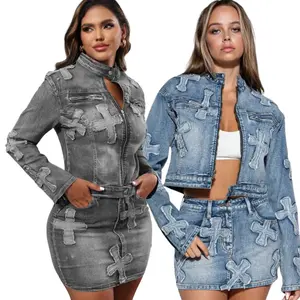 Y2K Aesthetic Denim Skirt Set Women's 2PC Jean Jacket Mini Skirt with Cross Patchwork Trendy Street Fashion 2026 Look Embroidered Design Fitted Style Mid-Waist Denim Material