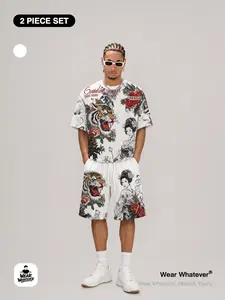 ｜2-Piece Set｜Realistic Roaring Tiger Graphic T-Shirt Set, Vintage Roses, Breathable Short Sleeve Tee + Loose Fit Shorts, Trendy Casual