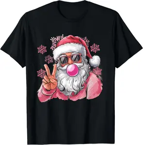 100% Cotton Fashion Garment Retro Santa Christmas Blowing Bubble Pink Santa Xmas Funny T-Shirt