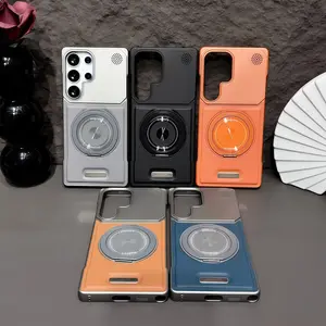 Frameless Vegan Leather Magnetic Phone Case with 360° Rotatable Ring Kickstand For Samsung Galaxy S26 S25 S24 S23 S22 FE Ultra Phone Case, MagSafe Compatible Slim Shockproof Full Camera Lens Protective Cover  #WBSPCXKFLBLACK