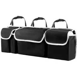 1 PC Car Trunk Organizer with Adjustable Strap, Waterproof Hanging Cargo Storage Bag, Back Seat Boot Storage Bag with Large Pockets, Universal for SUVs, Vans, Sedan (Black)