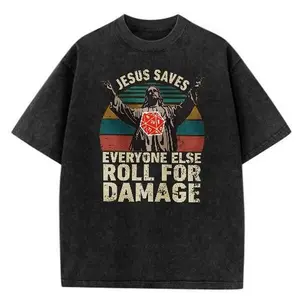 Jesus Saves Everyone Else Roll For Damage T-Shirt, DND Dice Retro Graphic Tee, Funny Christian Gamer Gift, Vintage Washed Shirt