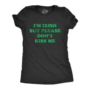 Womens I'm Irish But Please Don't Kiss Me T Shirt Funny St Patricks Day Party Novelty Tee Funny Womens T Shirts Cute Vintage Fashion Casual Ladies T-Shirt Gift Saint Patrick's Day Tops for Women Women's Novelty Black