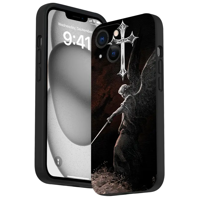 Straight Edge Cool Angel Cross Pattern Protective Phone Case for iPhone 16,15,14 Pro Max,13,12,11,XR,XS Plus - Shockproof, Full Camera Protection, Slim Durable Silicone Casing, Mobile Phone Accessories, Smartphone