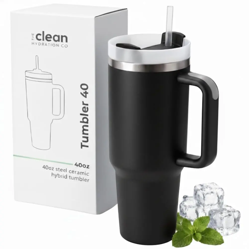 The Clean Hydration Co. Ceramic Tumbler With Spill Proof Lid | 40 Oz Vacuum Insulated Cup Keeps Beverages Intact
