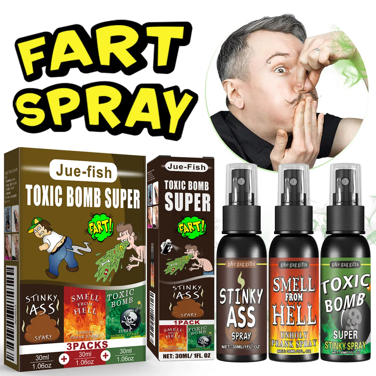 3-pack of stink spray, prank spray, strong-smelling fart spray, prank gifts, adult prank props, office pranks, school pranks, April Fools’ Day gifts, Christmas gifts, the perfect prank props