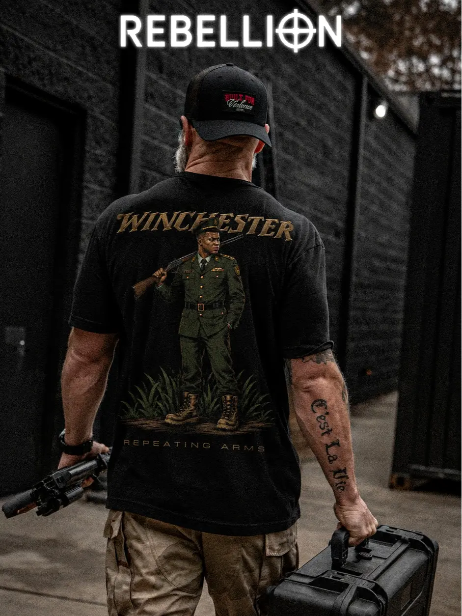 REBELLION CLUB Winchester X Mbappe Heavy Cotton T-Shirt Direct-To-Garment Breathable Printing Tactical Menswear Apparel Military Blue Print Tee Gift For Husband Gift For Men