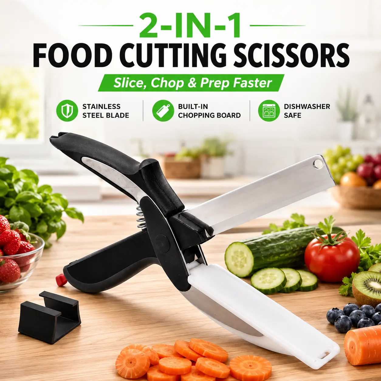 MIUVA 2-in-1 Stainless Steel Kitchen Scissors with Built-in Chopping Board, Safety Lock, Dishwasher Safe for Vegetables, Meat, Poultry
