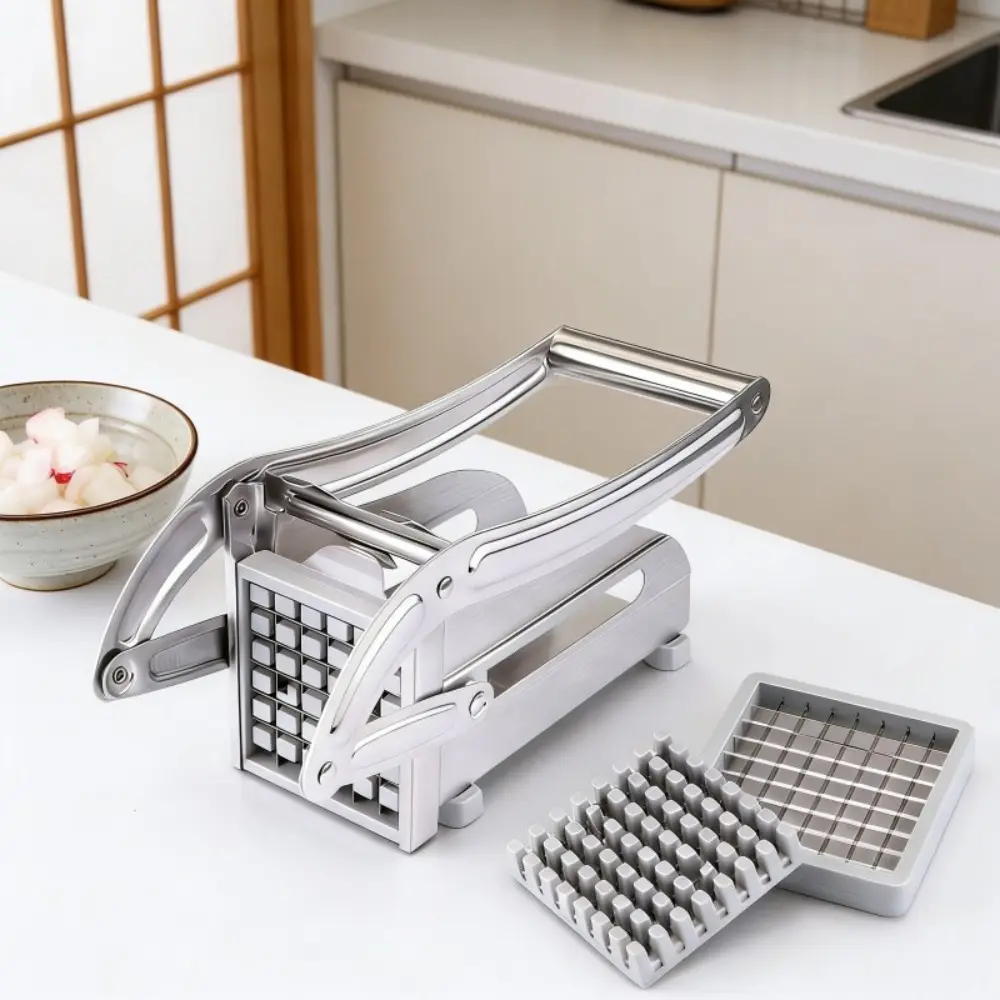 Stainless Steel French Fry Slicer - Manual Vegetable Chopper with Multi-Blade Set, Smooth Arc-Shaped Grid Blades, Multi-Size Utensils for Camping, Picnic Prep, Compact Functional Kitchen Tool