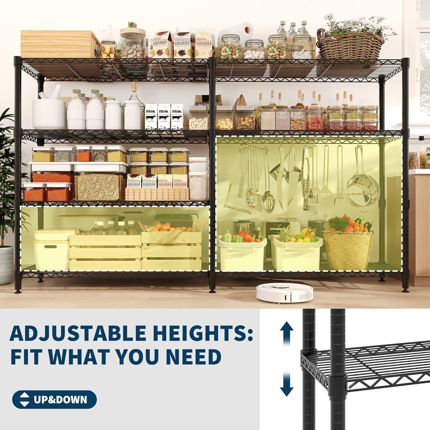4-Tier Storage Shelves Metal Shelving Unit 13.8" D x 59" W x 59.5" H, 1060 LBS Heavy Duty Wire Shelving, l-Shaped Storage Rack with Adjustable Shelf for Home, Pantry & Warehouse