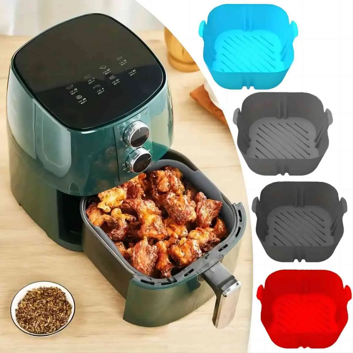 Square Silicone Air Fryer Liner with Handle, 2 Counts Reusable Heat Resistant Air Fryer Pot, Air Fryer Replacement Accessories Cooking for Home Kitchen Air Fryer Parts, Air Fryer Accessory Set