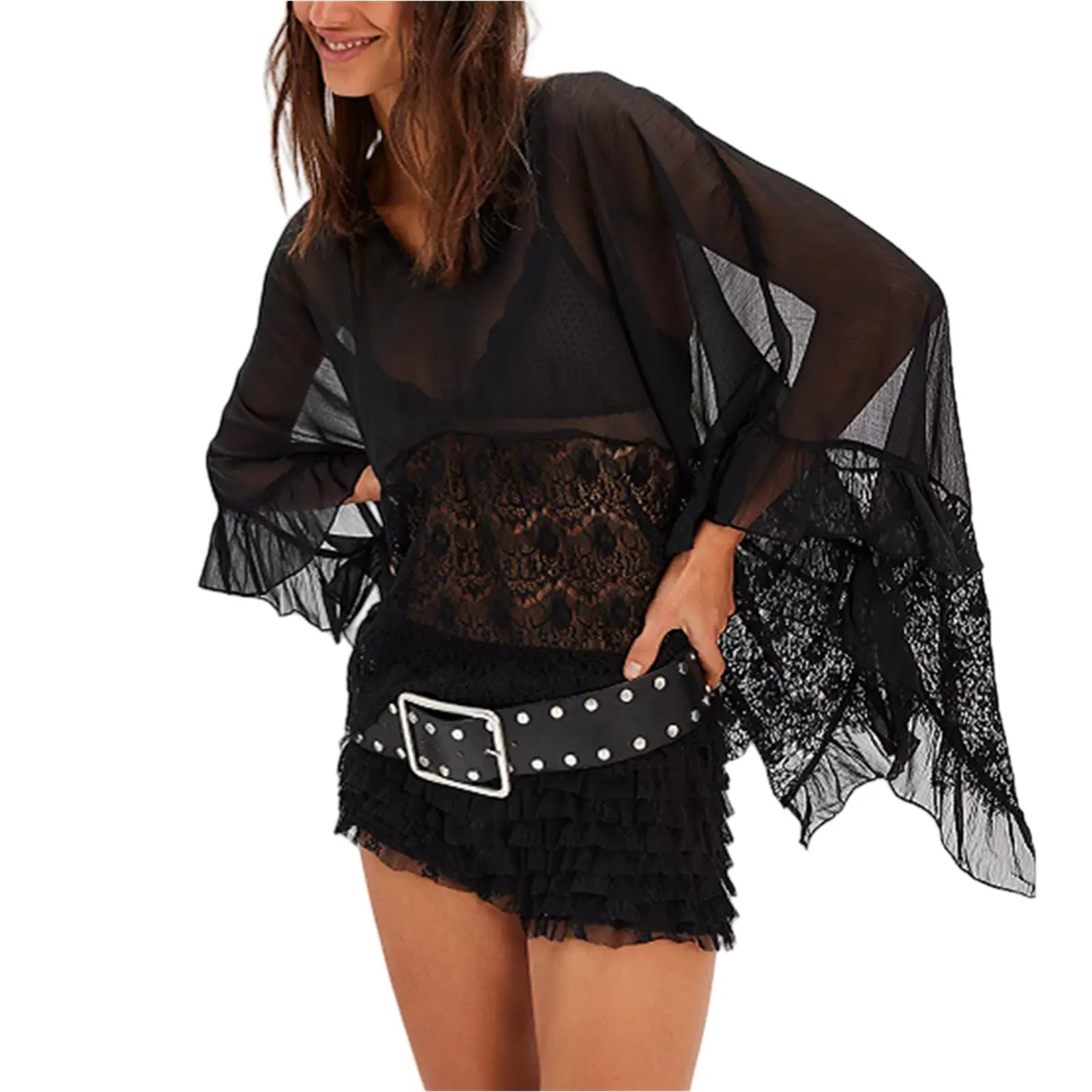 Women Sheer Poncho Tops Oversized Batwing Sleeve Blouse Contrast Lace See Through Mesh Cover Up Ruffle Flowy Boho Shirt