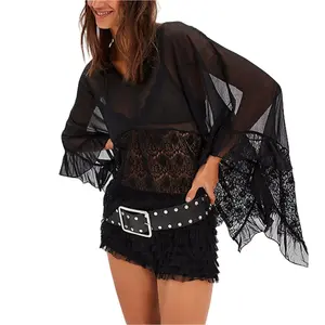 Women Sheer Poncho Tops Oversized Batwing Sleeve Blouse Contrast Lace See Through Mesh Cover Up Ruffle Flowy Boho Shirt