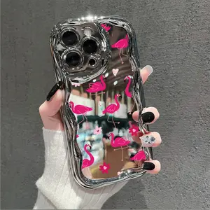 A phone case with pink flamingo and heart patterns, electroplated laser design, suitable for iPhone 17 Air/16 Plus/15 Pro Max/14 Pro/13/12/11/XS Max/X phone case, perfect choice for holiday gifts for family, friends, lovers, girlfriends DDNYBLK03