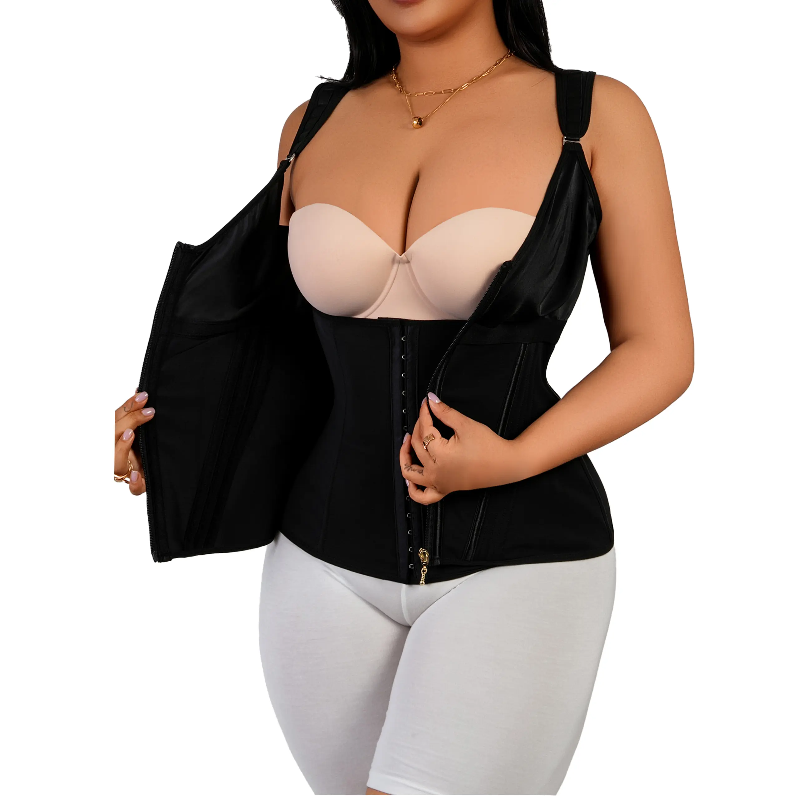 Women's Basic Nylon Compression Corset Vest - Slimming Tummy-Control Waist-Cinching Shapewear Bodysuit, Zippered Front, Double Pressure, Minimalist V-Neck, Multi-Size for Sport, Workout