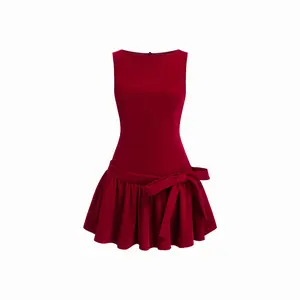 Cider Velvet Boat Neck Ruffled & Bowknot Mini Dress