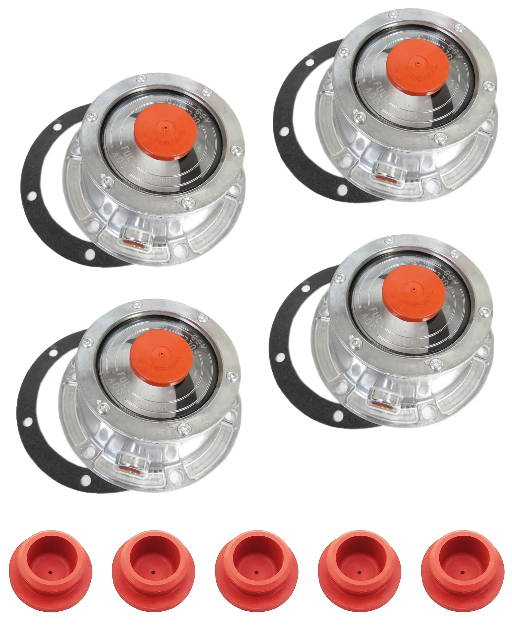 4 Pack of TORQUE Hubcap 3434009 Aluminum Hub Cap with 5 Extra Red Rubber Plug for Trailer Axle (Replaces Stemco 343-4009, 3434009, SKF 1643, 1743, 1843), 4 Trailer Hub Cap, Bolt Circle: 5-1/2", 5 Plug Spare Set, Aluminum Cap