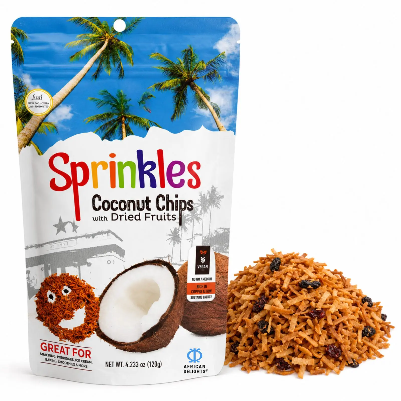 African Delights Coconut Chips with Dried Fruits, Pack of 3 (120g Each)