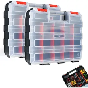 Double Side Tool Box Organizer with 34 Compartments, Removable Dividers, Tackle Box Small Parts Screw Hardware Organizer for Screws, Nuts, Nails and Bolts (2 Piece, Red)