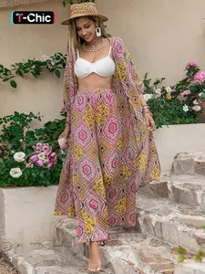 Women's Tribal Pattern Pants Two Piece Set, Bohemian 3/4 Sleeve Open Front Top with Palazzo Pants, Summer Outfits 2024, Beach Outfits Set, Boho 2 Piece Outfits for Women, Fashion Pants Set
