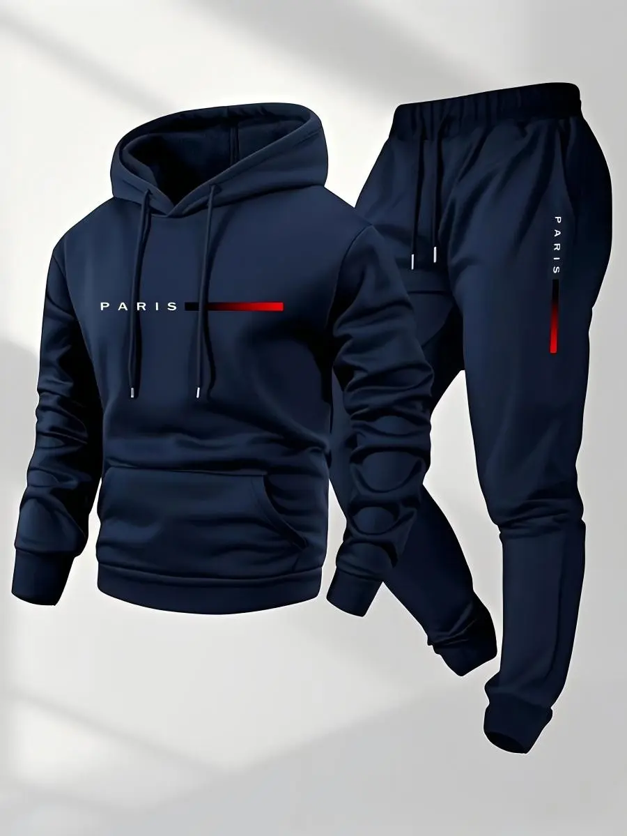 Men's Paris letter printed hoodie and drawstring sweatpants set