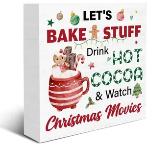 Christmas Decorations for Kitchen - Christmas Decorations Indoor - Let's Bake Stuff Drink Hot Cocoa Wood Sign Farmhouse Home Office Living Room Kitchen Coffee Bar Desk Table Shelf Wall Decor 5x5 inch