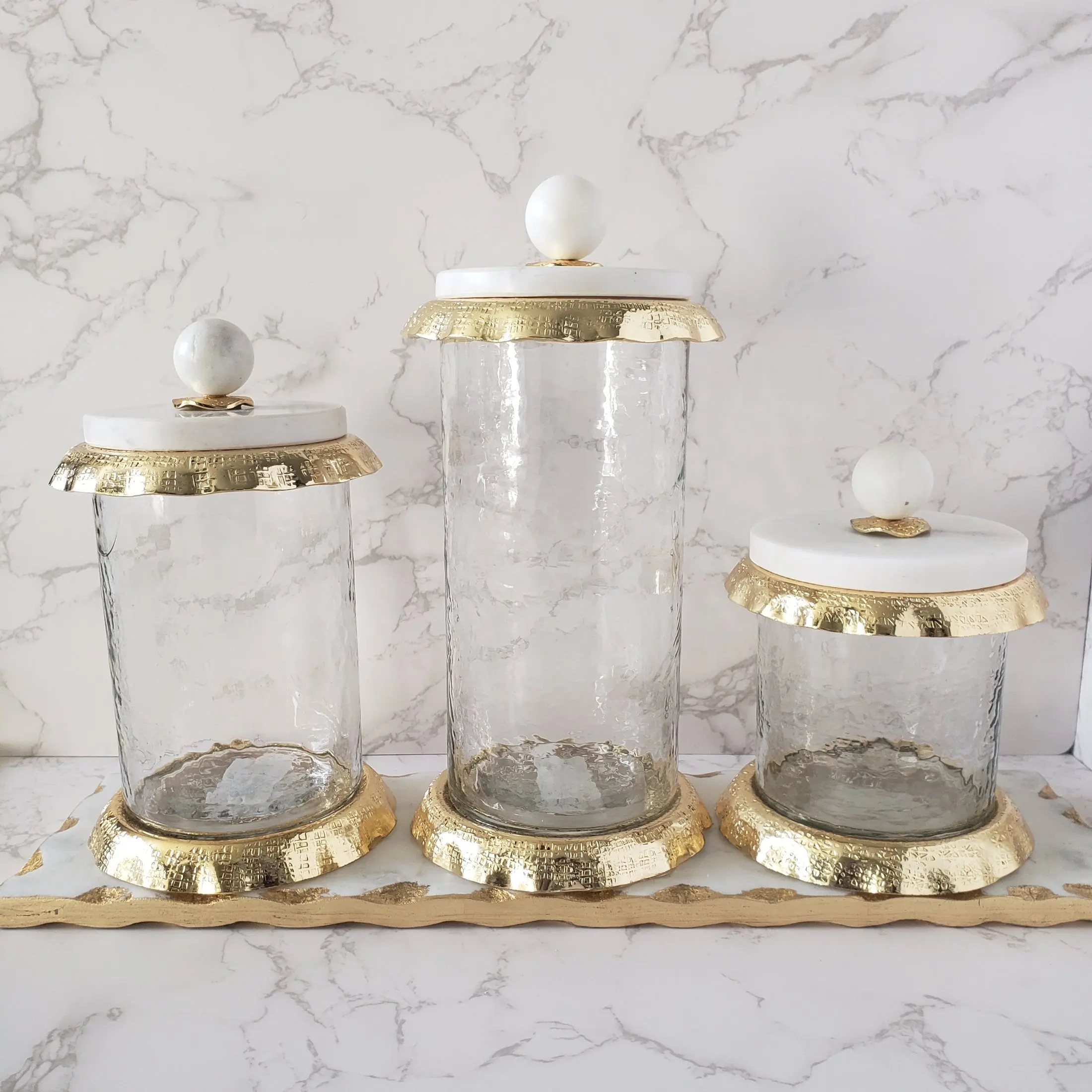 Glass Canister w/ Gold Scalloped Border & Marble Lid