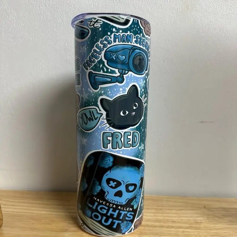 Lights out themed 20oz tumbler.