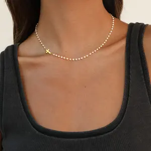 FOXGIRL Minimalist 3mm Pearl Chain Necklace with Elegant Sideways Cross Charm, Layerable Delicate Pearlcore Jewelry Trendy Design Ideal for Casual Office Holiday Outfits