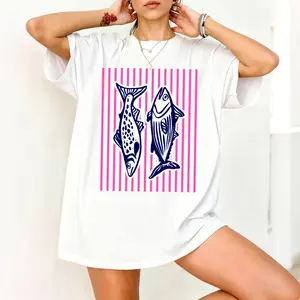 Vaclyn asymmetrical neckline T-shirt, retro sardine print T-shirt, seafood vacation retro graphic top, aesthetic shirt, 90s style, comfortable and soft fabric.