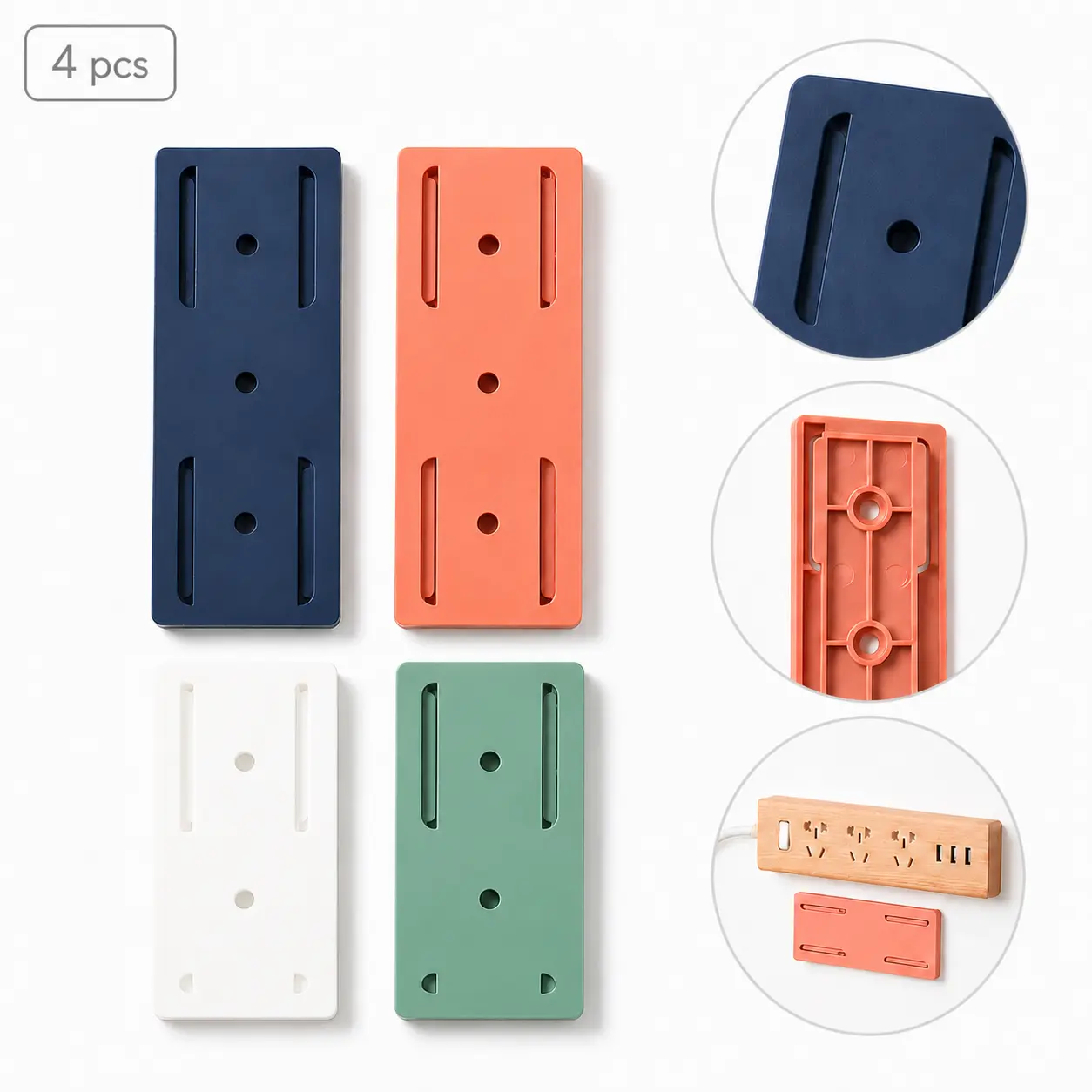 4 Pcs Renter-Friendly No-Drills Needed Wall-Mounting Holders, Sticky Tape Hooks & Rails Organizer for Surge Protectors, Routers, Heavy-Duty No-Trace Cable Management for Home/Office