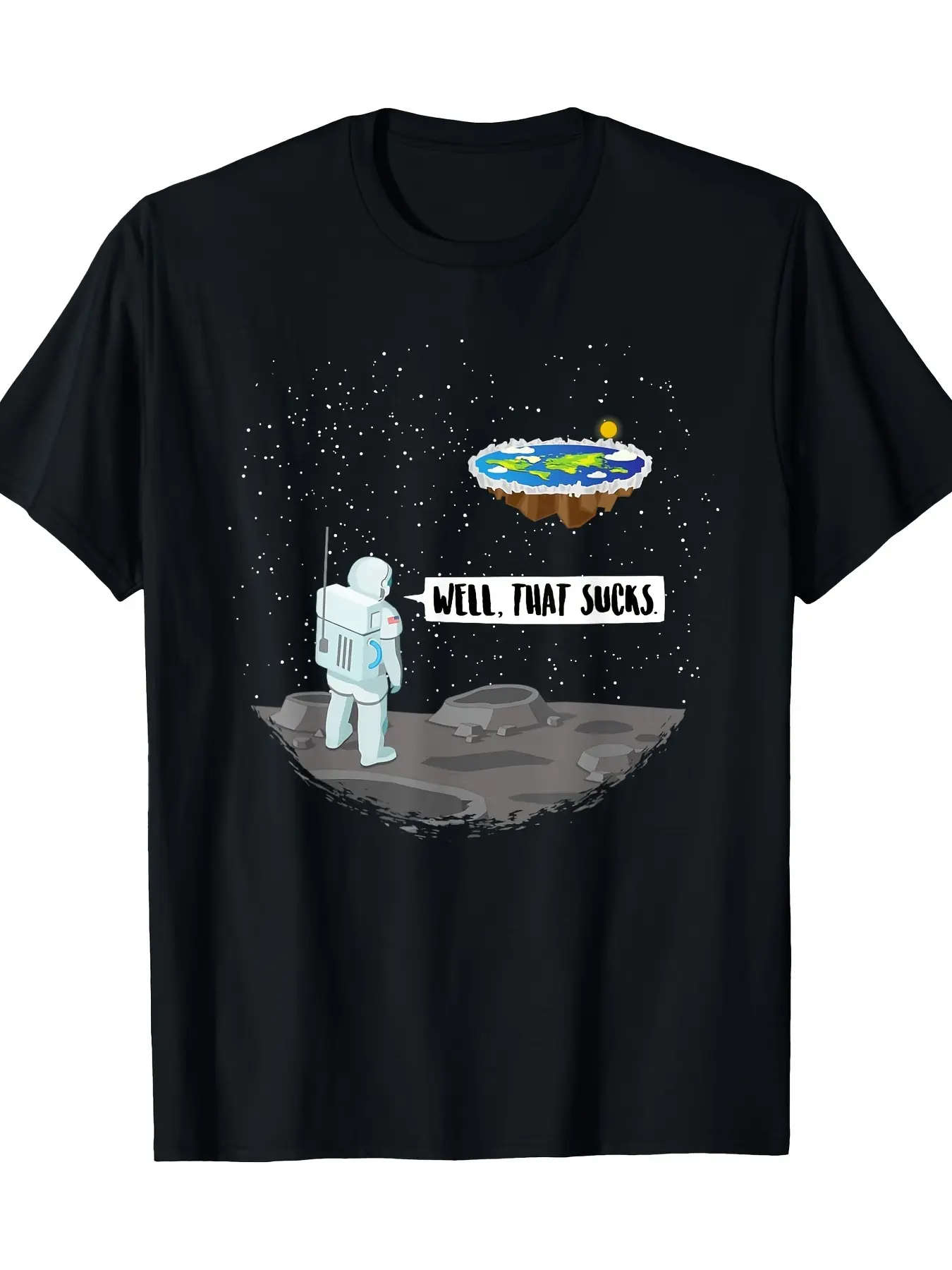 Humorous T-Shirt Featuring a Flat Earth Astronaut, unisex soft cotton short sleeve t shirt, vintage graphic casual tee for men women teens, perfect birthday holiday gift for camping travel gym daily street casual wear