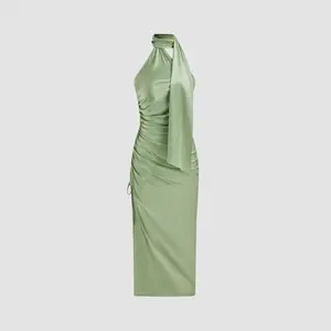 Cider [size 0-10] Satin Halter Solid Drawstring Ruched Split Midi Dress