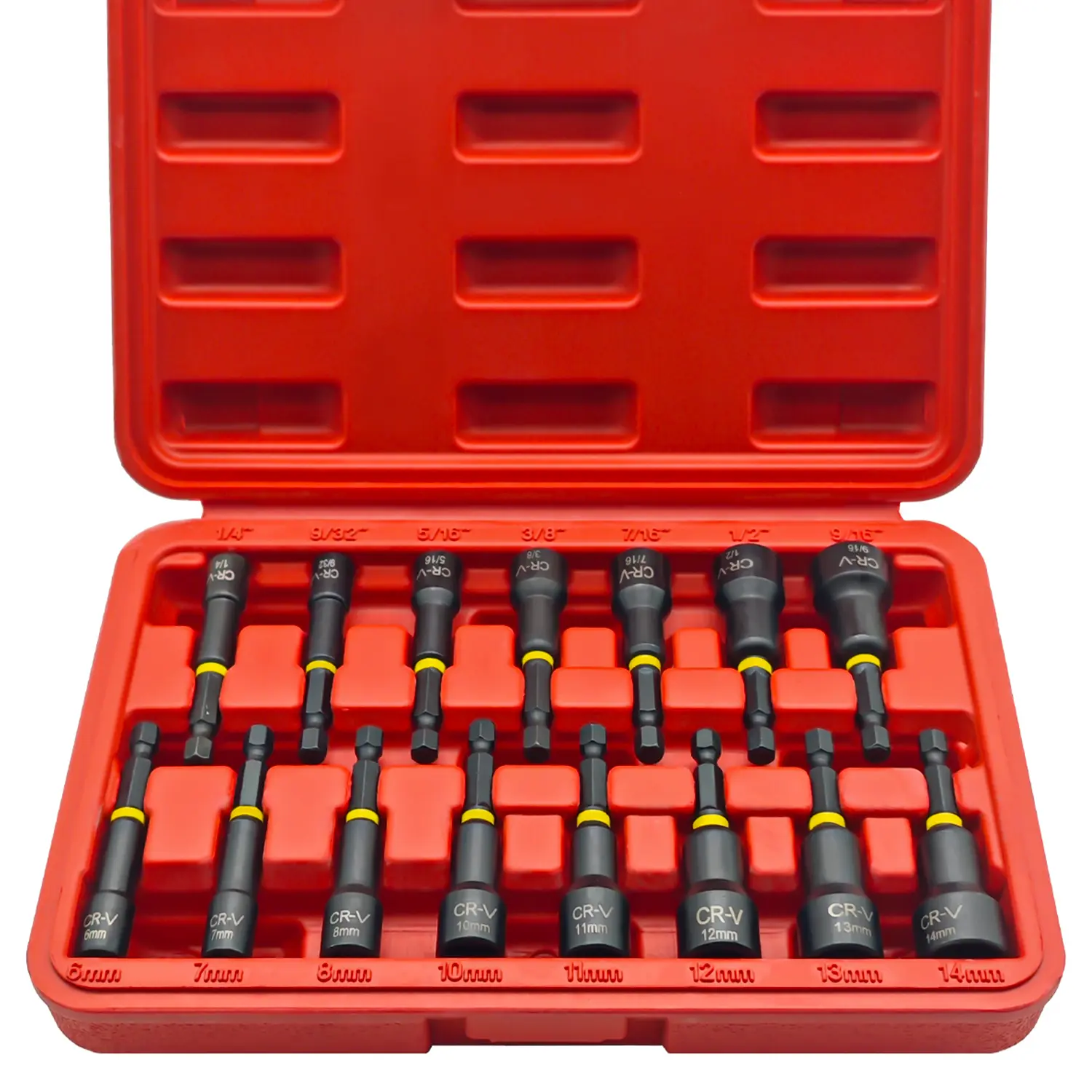 15-Piece Magnetic Socket Wrench Set, Chrome-Vanadium Steel, 1/4“ Hex Shank, Impact-Resistant, SAE 1/4”, “–9/16”, Metric 6–14 mm. Suitable for automotive repair, home maintenance, furniture assembly, and garage/workshop use.