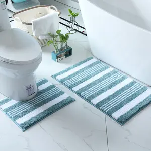 2-Piece Striped Non-Slip Bathroom Mat Set, Super Soft Water-Absorbent Flocked Material, U-Shaped Toilet Bath Mat Design