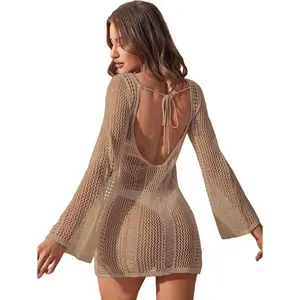 Women’s Crochet Long-Sleeve Hollow Bikini Swimsuit Beach Cover-Up