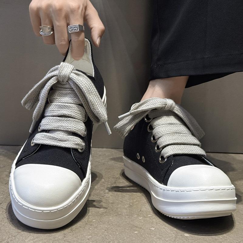 Men's Cleanfit Platform Sneakers Black & White Canvas Wide Laces Slim Leg Street Fashion