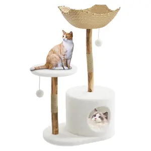 Modern 46-Inch Cat Tree Tower with Natural Wood Frame – Wicker Condo, Scratching Posts, Hanging Pom Pom Playthings, and Elevated Platforms – Stylish Indoor Cat Furniture for Large Cats and Kittens