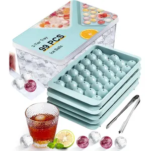 Stackable Round Ice Cube Tray Set with Lid & Bin – Create 99PCS Round Ice Balls, Ice Trays for Freezer is Easy to Release & Sturdy– Small Pellet Ice Maker for Drinks, Coffee and Cocktails Kitchen Utensils