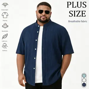 Plus-size men’s ruched stand collar short-sleeve cardigan shirt, casual commuter versatile top shirt