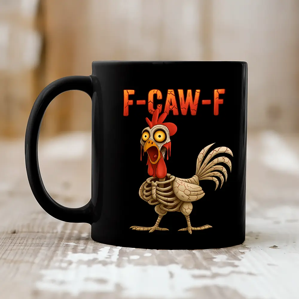 11 oz Dishwasher-Safe Reusable Black Porcelain Mug - High-Quality Chicken Print, Humorous Skull F-Caw-F Halloween Drinkware, Daily Companion Gift for Kitchenware Enthusiasts (Fast Shipping)