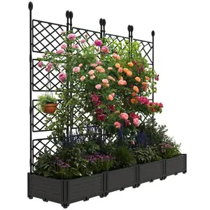 [TOP RATED - FLASH SALE] Garvee 4Pcs Plastic Plant Box with Metal Trellis, Raised Garden Bed with Trellis Planter for Climbing Plant Outdoor Raised Planter Box Privacy Screen for Patio Balcony,Planter Box for Backyard Patio