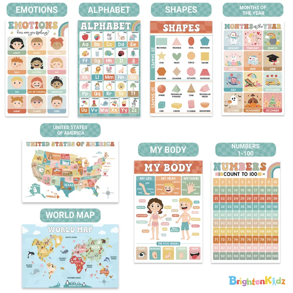 2026 Version 11x17 in Fun Educational Posters (16-Pack) - Boho Groovy School Supplies for Preschoolers, Homeschool & Playrooms, ABC, Numbers, Solar System, Emotions Learning Tools for 1-5 Years