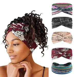 Boho Wide Twist Headbands 5-Pack for Women, Non-Slip Sweatbands, Elastic Turban Hair Wraps for Yoga, Pilates, Cheer & Daily Wear